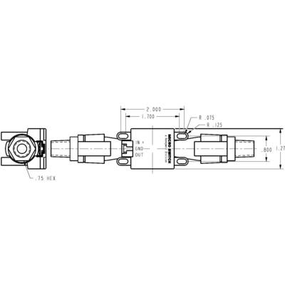Technische Zeichnung eines Verbindungssteckers mit Bemaßung in Zoll. Zeigt verschiedene Komponenten, Symmetrie und Anschlussdetails.