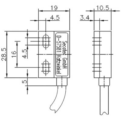 Technische Zeichnung eines Rechteckmagneten mit Maßen: 28,5 mm hoch, 19 mm breit, Kabeldurchmesser 4,5 mm. Hersteller: Secatec GmbH.