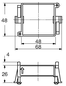 Technische Zeichnung eines rechteckigen Bauteils mit Maßen: 48 x 68. Höhe 26, Dicke 4. Seitliche Anschlüsse und Pfeilmarkierung unten.