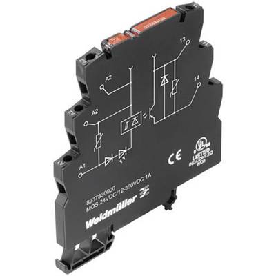Schwarzes Weidmüller Relaismodul, Modellnummer 8937930000, für 24V bis 300V Gleichstrom, 1A, zeigt Schaltplan-Symbole oben.