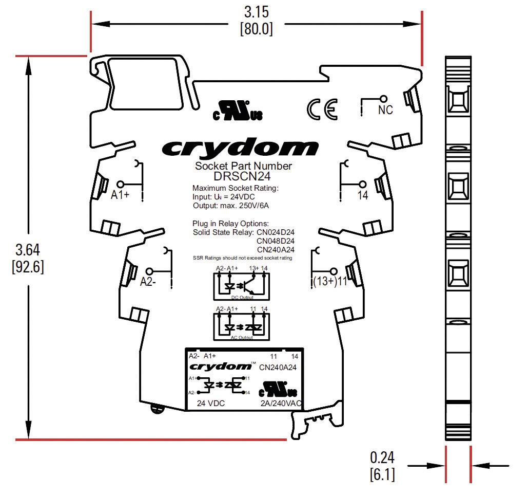 Technische Zeichnung eines 'crydom'-Relais mit Abmessungen und Schaltplan. Höhe 94, Breite 33 mm. Pin-Layout und elektrische Spezifikationen dargestellt.