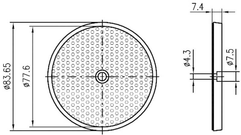 Technische Zeichnung eines runden Filters mit einem Durchmesser von 83,65 mm. Seitliche Ansicht zeigt eine Breite von 7,4 mm.
