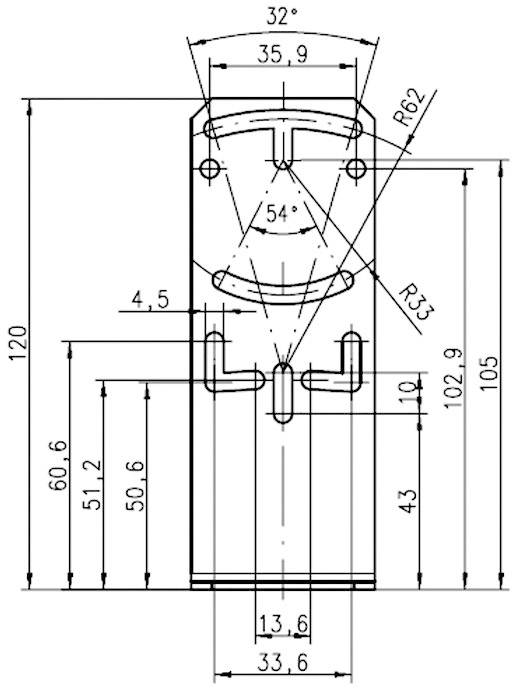 Technische Zeichnung eines Zylinders mit Maßen: Höhe 120 mm, Durchmesser 35,9 mm, verschiedene Winkel und Radien markiert.