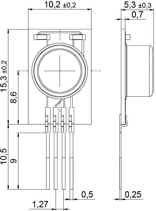 Technische Zeichnung eines elektronischen Bauteils mit Abmessungen: Breite 10,2 mm, Höhe 15,3 mm, Tiefe 5,3 mm. Zeigt Draufsicht und Seitenansicht.
