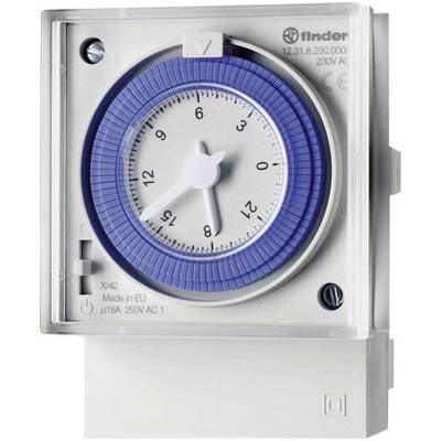 Analoge Zeitschaltuhr mit blauem Ziffernblatt und weißem Gehäuse, zeigt 15 Uhr an, zur Steuerung elektrischer Geräte.