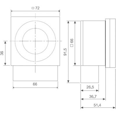 Technische Zeichnung eines quadratischen Bauteils mit zwei Ansichten. Maße: 72x36 und 66x91,5 Einheiten. Seitenansicht zeigt Tiefe.