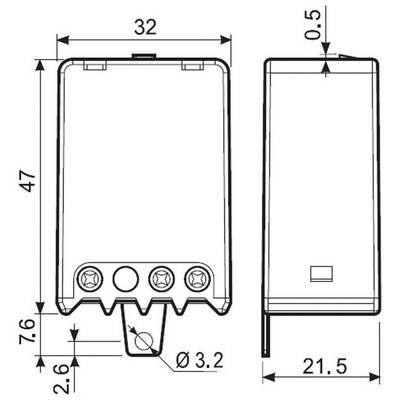 Technische Zeichnung eines rechteckigen Gehäuses mit Abmessungen: 47mm Höhe, 32mm Breite, drei Befestigungspunkte unten.