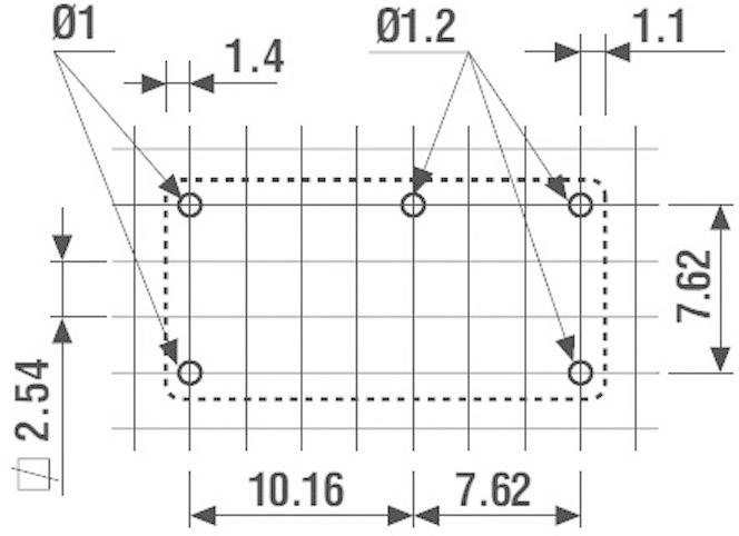 Technische Zeichnung zeigt rechteckige Anordnung von Bohrlöchern. Maße: 10,16 x 7,62 cm, Lochdurchmesser 0,1 bis 1,2 cm, Abstand 2,54 cm.