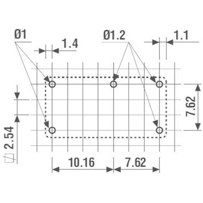 Technische Zeichnung zeigt rechteckige Anordnung von Bohrlöchern. Maße: 10,16 x 7,62 cm, Lochdurchmesser 0,1 bis 1,2 cm, Abstand 2,54 cm.