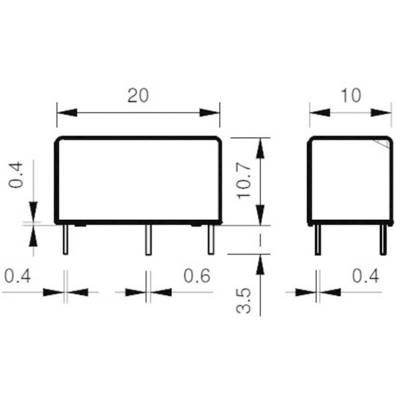 Technische Zeichnung von zwei rechteckigen elektrischen Komponenten mit Maßen: Links 20x10,7 mm, rechts 10x10 mm, Höhe 3,5 mm.