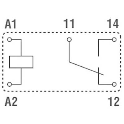Ein Schaltplan zeigt ein Relais mit Anschlüssen: A1, A2, 11, 12, und 14. A1 und A2 sind die Spulenanschlüsse; 11, 12, und 14 sind die Schaltkontakte.
