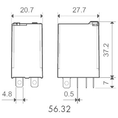 Technische Zeichnung eines rechteckigen elektronischen Bauteils mit Maßen; Höhe: 37,2 mm, Breite: 27,7 mm, Tiefe: 20,7 mm.