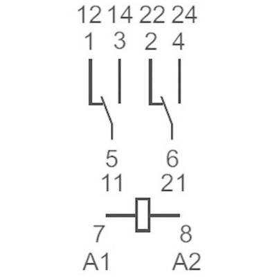 Schaltschema mit vier Anschlüssen auf der Oberseite (12, 14, 22, 24), zwei Anschlüssen unten (A1, A2) und zwei mittleren Verbindungen.