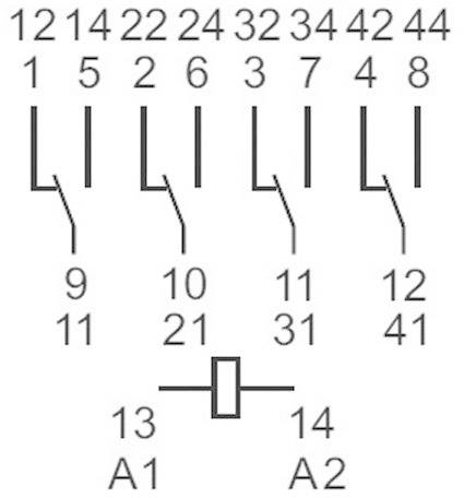 Schaltschema mit Zahlen und Buchstaben. Verbindungen führen von oberen Zahlen (12 bis 44) zu unteren Zahlen (9 bis 41) und A1, A2.