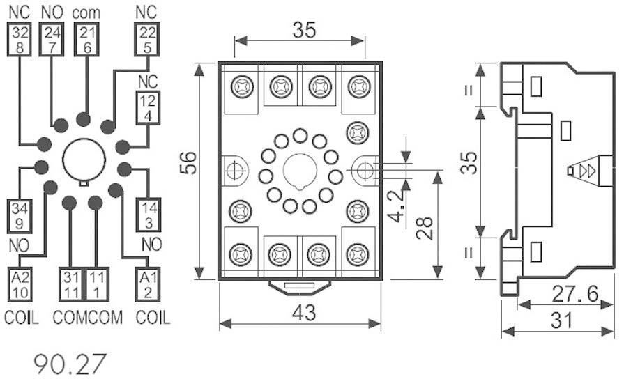 'Technische Zeichnung eines elektrischen Relais-Sockels mit Abmessungen und Anschlussbelegung. Vorder-, Seiten- und Draufsicht gezeigt.'