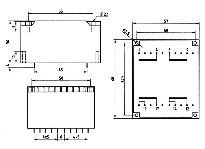 Technische Zeichnung eines rechteckigen elektronischen Bauteils mit Maßen in Millimetern und Anschlüssen an der Unterseite und Seite.