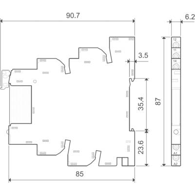 Technische Zeichnung eines elektronischen Bauteils mit Abmessungen: Breite 90,7 mm, Höhe 85 mm, Tiefe 35,4 mm. Seitenansicht zeigt Tiefe von 6,2 mm.