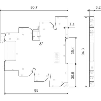 'Grundriss eines Gebäudes mit Abmessungen: 90,7 x 85 und 6,2 x 94,3 Meter. Räume sind gekennzeichnet, wichtig ist der zentrale Bereich.'