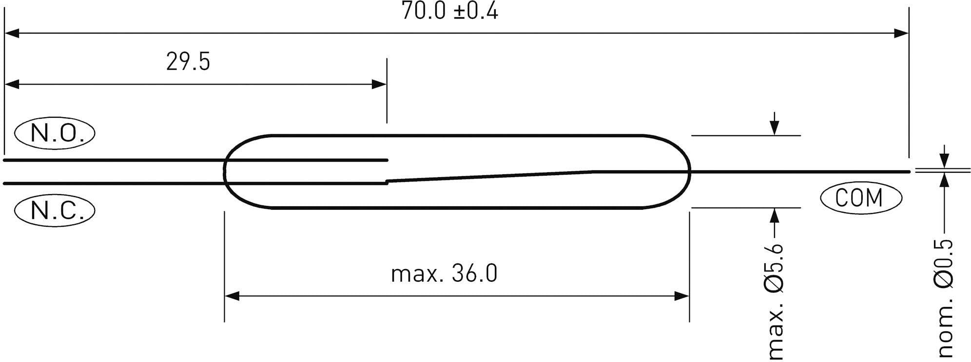Technische Zeichnung eines zylindrischen Schalters mit Maßen: Länge 70.0 ±0.4 mm, Durchmesser max. Ø5.6. Anschlüsse: N.O., N.C., COM.