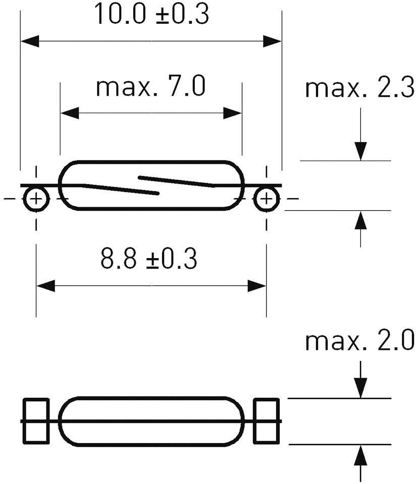 Technische Zeichnung eines kleinen Bauteils mit Abmessungen von 10,0 ±0,3 mm Länge und maximal 2,3 mm Höhe. Zwei Ansichten.