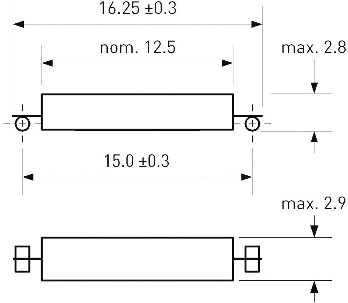 Technische Zeichnung eines rechteckigen Bauteils mit Maßangaben (16.25 ± 0.3, nom. 12.5, 15.0 ± 0.3) und maximalen Höhen (2.8, 2.9).