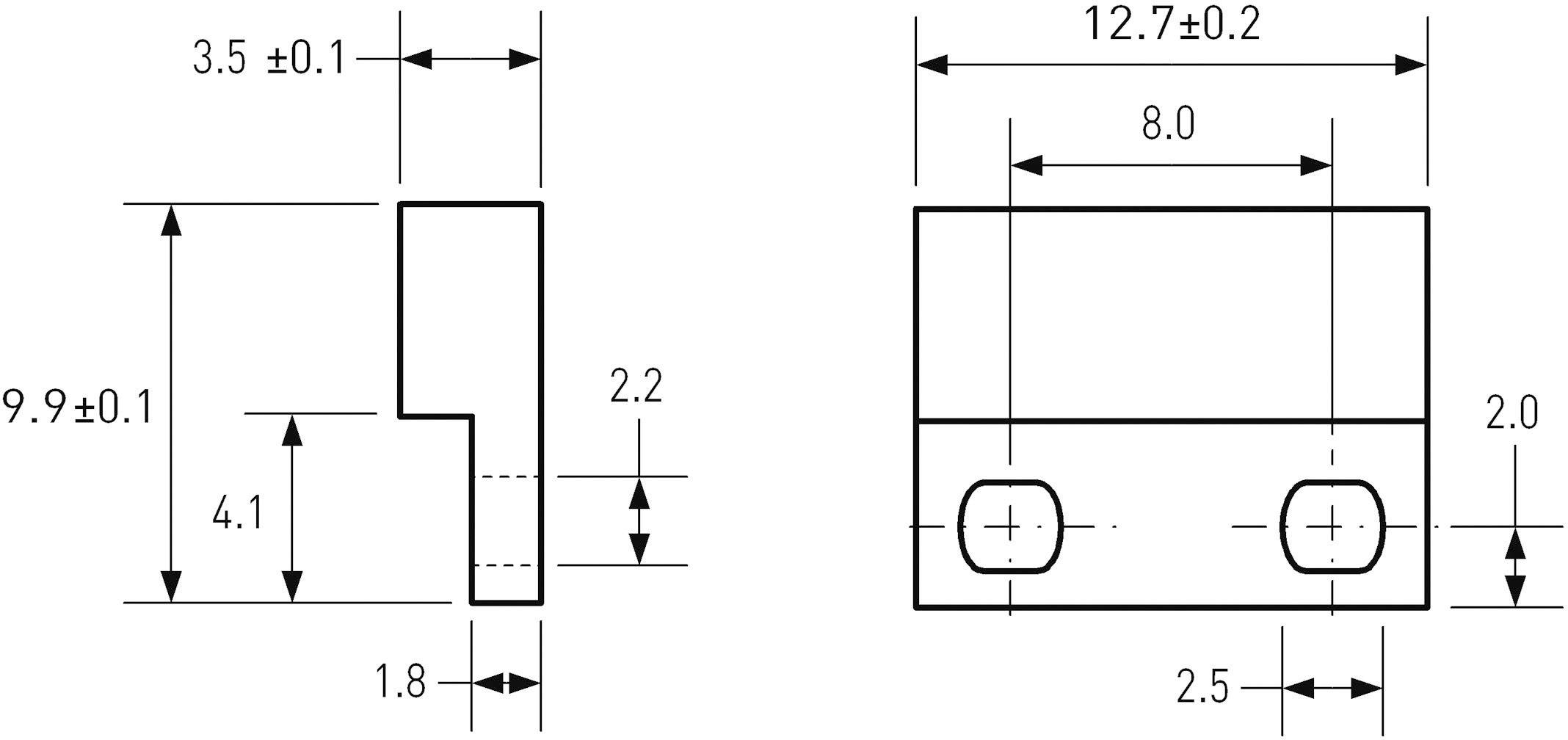 Technische Zeichnung eines Bauteils mit Maßen in Millimeter. Rechteckige Form mit Aussparungen und zwei Löchern. Wichtige Maße sind 12,7 ± 0,2 Breite, 9,9 ± 0,1 Höhe.