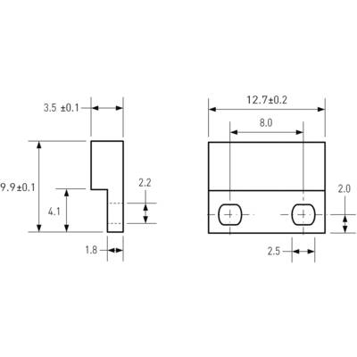Technische Zeichnung eines Bauteils mit Maßen in Millimeter. Rechteckige Form mit Aussparungen und zwei Löchern. Wichtige Maße sind 12,7 ± 0,2 Breite, 9,9 ± 0,1 Höhe.