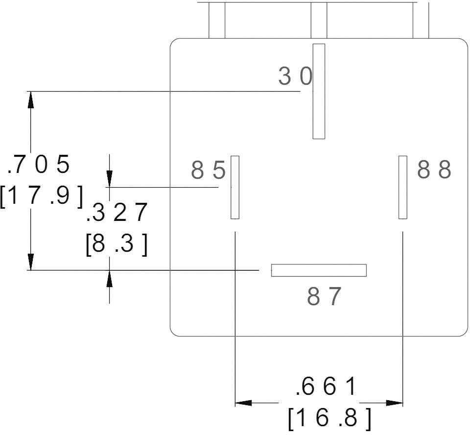 Technische Zeichnung eines quadratischen Steckers mit Längenmaßen: 30 mm Breite, 32,7 mm Höhe, verschiedene Lochgrößen und Abstände.