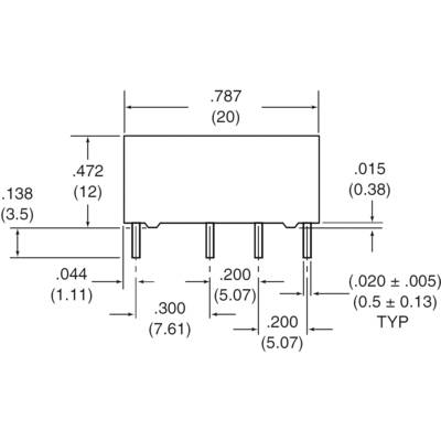 Technische Zeichnung eines elektronischen Bauteils mit Abmessungen in Zoll und Millimeter. Details zu Breite, Länge und Pin-Abständen.