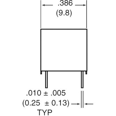 Technische Zeichnung eines rechteckigen Bauteils mit zwei Anschlüssen unten. Maße: Breite .386 Zoll (9.8 mm), Abstand der Anschlüsse .010 ± .005 Zoll.