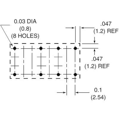 Technische Zeichnung eines rechteckigen Bauteils mit acht 0,03 DIA Löchern, Bemaßung von 0,047 und 0,1 Einheiten mit Referenzen.