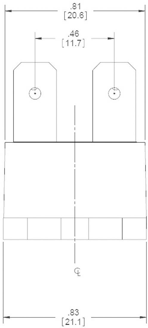 Technische Zeichnung eines Bauteils mit Maßen: Breite 21,1 mm, Höhe 20,6 mm, Bohrungen im oberen Bereich, zentrische Ausrichtung.