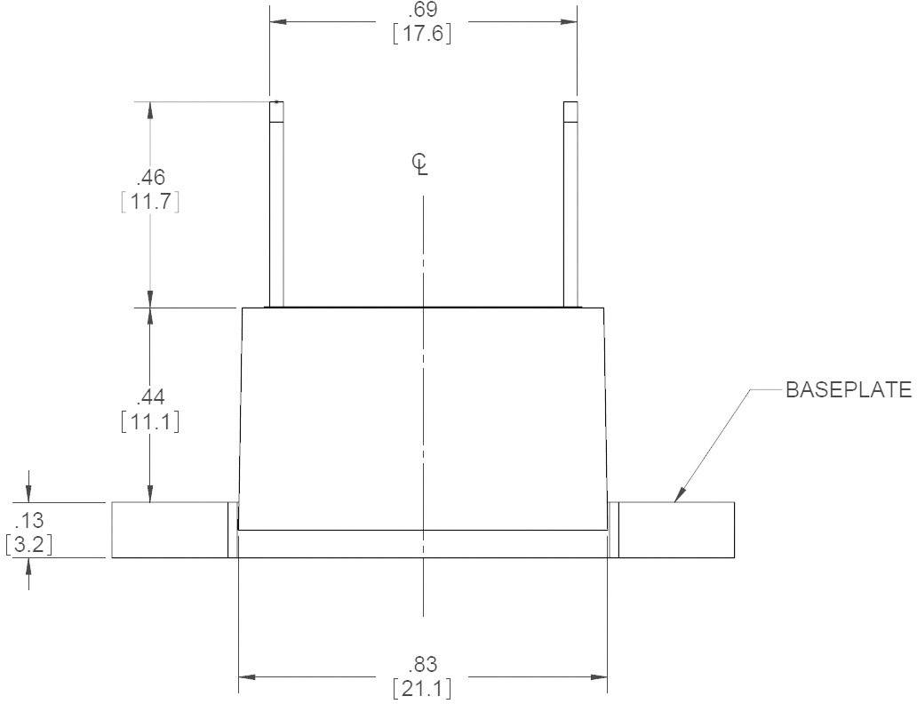 Technische Zeichnung: Basisplatte mit zwei vertikalen Stangen, Maße in Zoll und Millimeter angegeben.