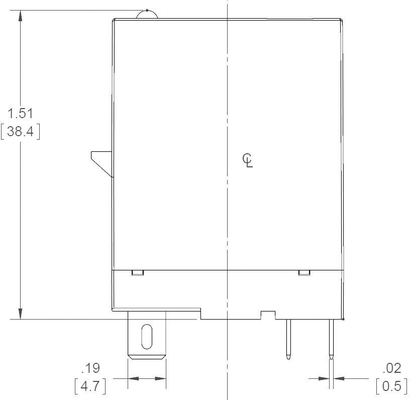 Diagramm einer rechteckigen elektronischen Komponente mit Maßen in Zoll und Millimetern: Höhe 1,51 Zoll (38,4 mm), Breite 0,19 Zoll (4,7 mm).