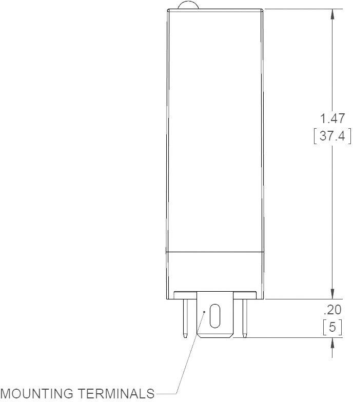 Zeichnung eines rechteckigen elektronischen Bauteils mit Maßen 1,47 [37,4] Höhe und 0,20 [5] Breite. Beschriftung 'Mounting Terminals'.