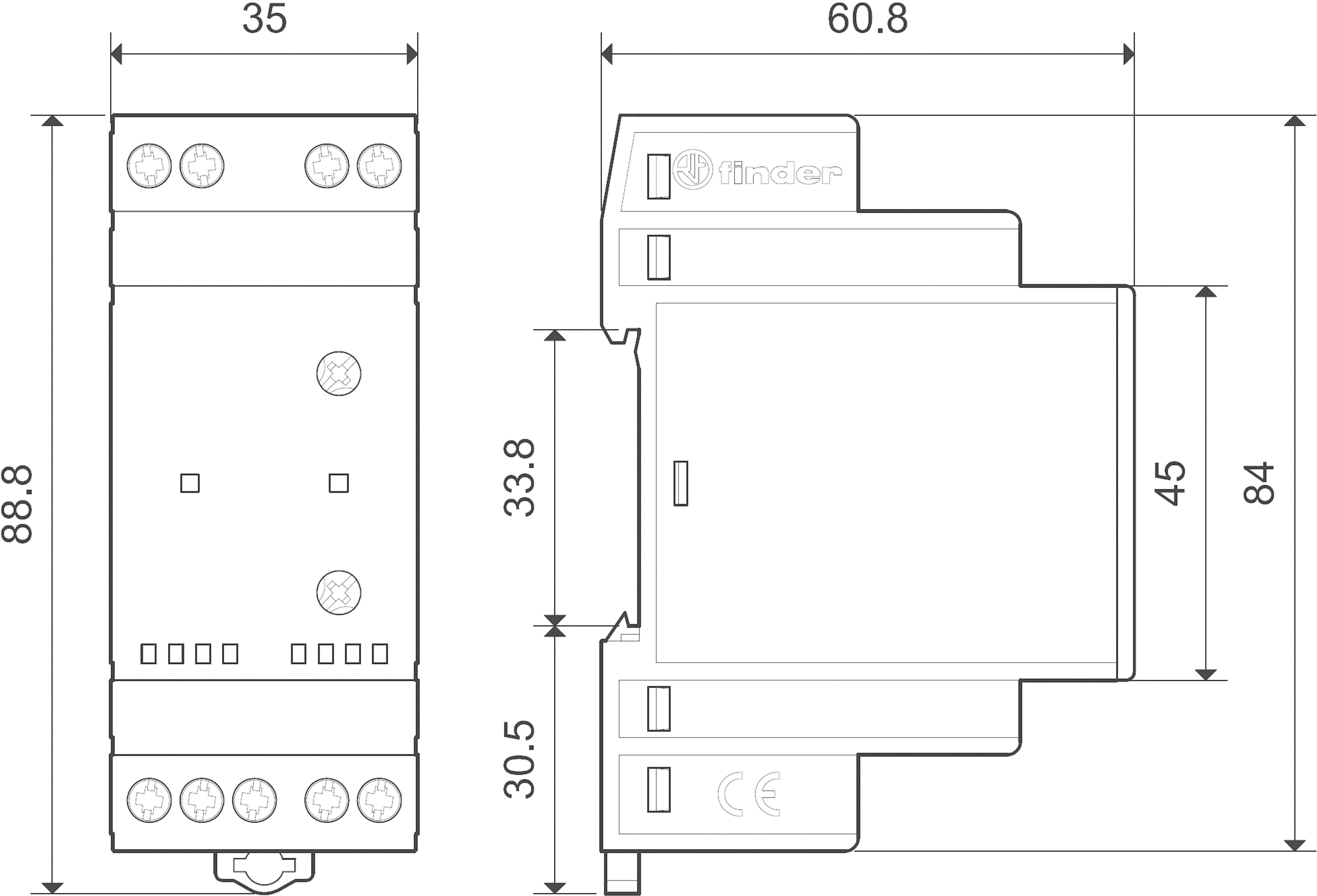 Technische Zeichnung eines elektrischen Relais mit Abmessungen: Breite 35 mm, Höhe 88,8 mm, Tiefe 60,8 mm.