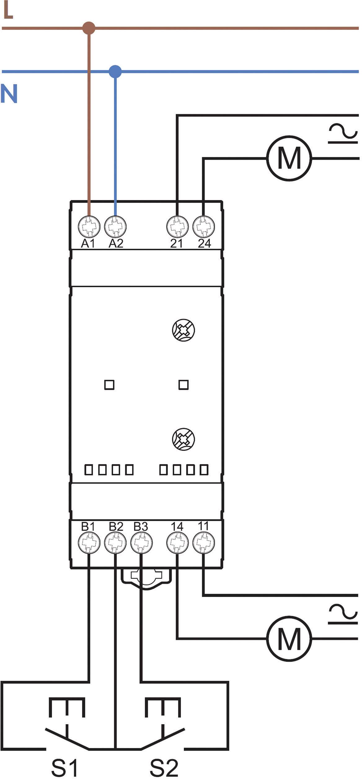 Schaltplan eines Stromkreises mit zwei Motoren (M), einer Steuerungseinheit in der Mitte, und zwei Schaltern (S1, S2) unten.