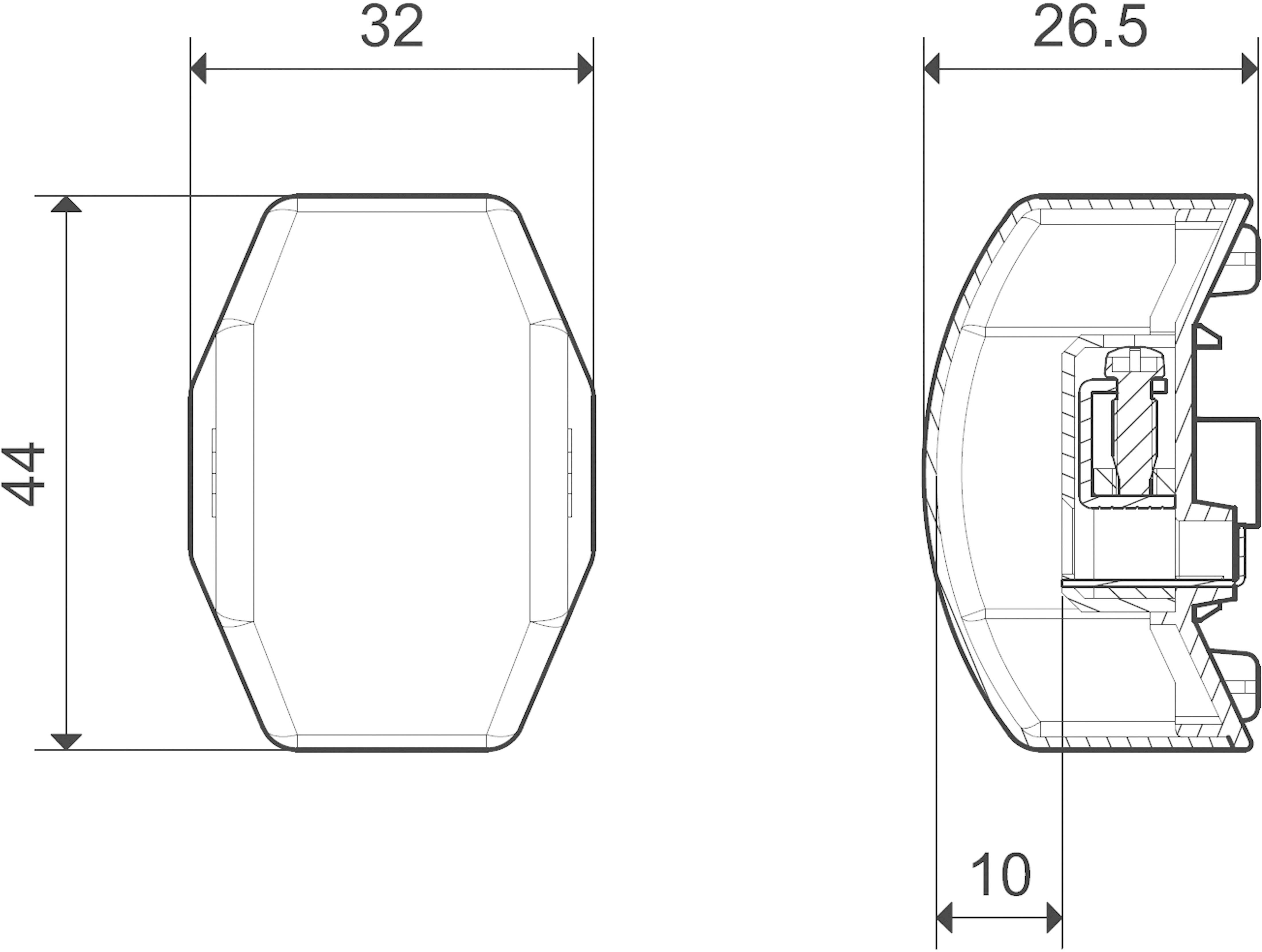 Technische Zeichnung eines fünfeckigen Bauteils mit Bemaßungen: 32mm Breite, 44mm Höhe, 26,5mm Tiefe, 10mm Detailschnitt.