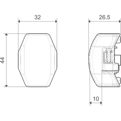 Technische Zeichnung eines fünfeckigen Bauteils mit Bemaßungen: 32mm Breite, 44mm Höhe, 26,5mm Tiefe, 10mm Detailschnitt.