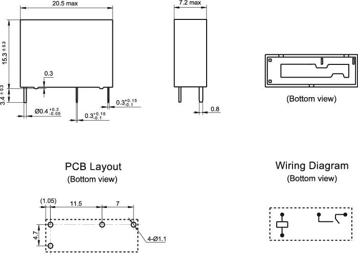 Technische Zeichnung eines Bauteils mit Maßen und Ansichten. Oben: Seitenansicht und Vorderansicht. Unten: PCB-Layout und Verdrahtungsdiagramm.