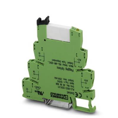 Grüner elektronische Bauteil für DIN-Schienenmontage, markiert mit Logos und technischen Spezifikationen, verwendet in Schaltschränken.