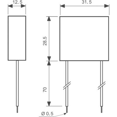 Skizze eines elektronischen Bauteils mit Abmessungen: Breite 12,5 mm, Höhe 28,5 mm, Tiefe 31,5 mm, Lochdurchmesser 0,5 mm.