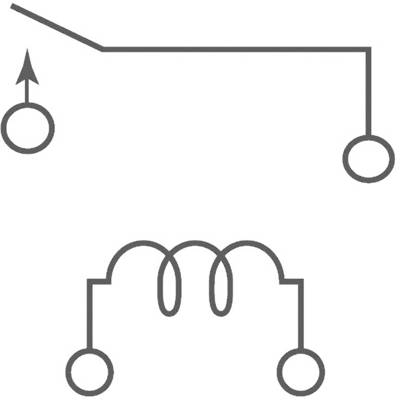 Ein Schaltplan mit zwei verschiedenen Symbolen: Oben ein Schalter mit Pfeil; unten eine Spule, dargestellt mit drei Schleifen.