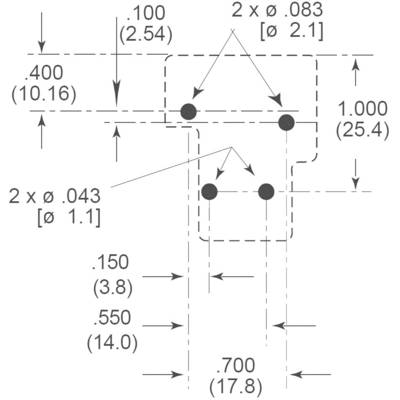 Technische Zeichnung mit Maßen und Bohrlochpositionen für ein Bauteil. Beinhaltet Durchmesser-, Längen- und Abstandswerte in Zoll und Millimeter.
