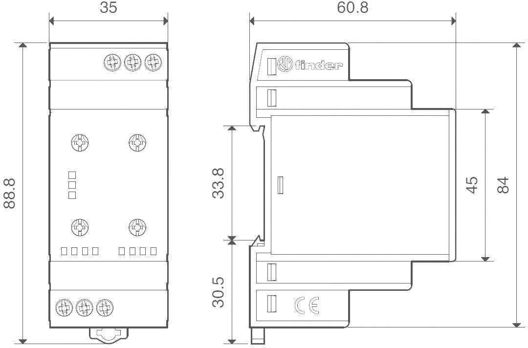 Zeichnung eines elektrischen Relais mit Bemaßungen: Höhe 88,8 mm, Breite 35 mm, Tiefe 60,8 mm. Seitenansichten sind gezeigt.