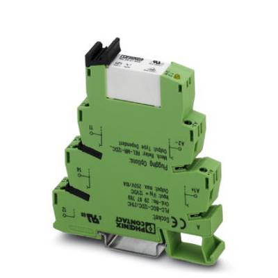 Grünes steckbares Relaismodul mit Beschriftung, montiert auf DIN-Schiene, dient zur elektrischen Signal- und Lasttrennung.