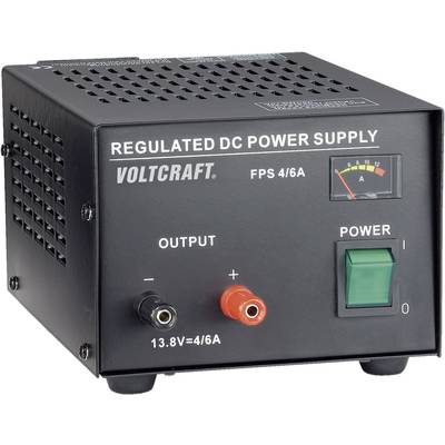 Ein geregeltes DC-Netzteil von Voltcraft mit Anzeige und grünem Netzschalter. Spannungsausgänge: 13,8 V, stromversorgt bis 6 A.