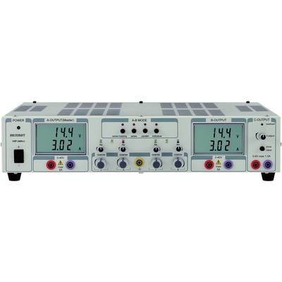 Ein elektronisches Regelgerät mit zwei digitalen Anzeigen zeigt 14,4 V und 3,02 A an. Es hat mehrere Regler und Anschlüsse.