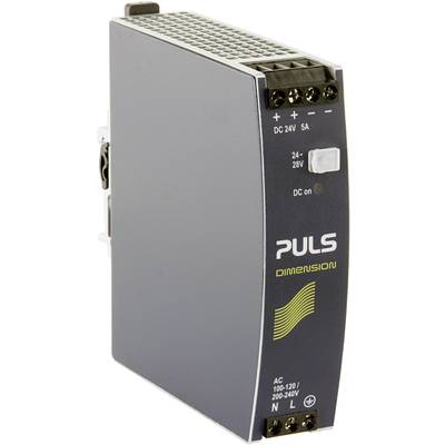 Ein industrielles Netzteil mit Beschriftung 'PULS Dimension'. Anzeige für Ausgangsspannung von 24 bis 28 V und Eingang von 100-240 V AC.