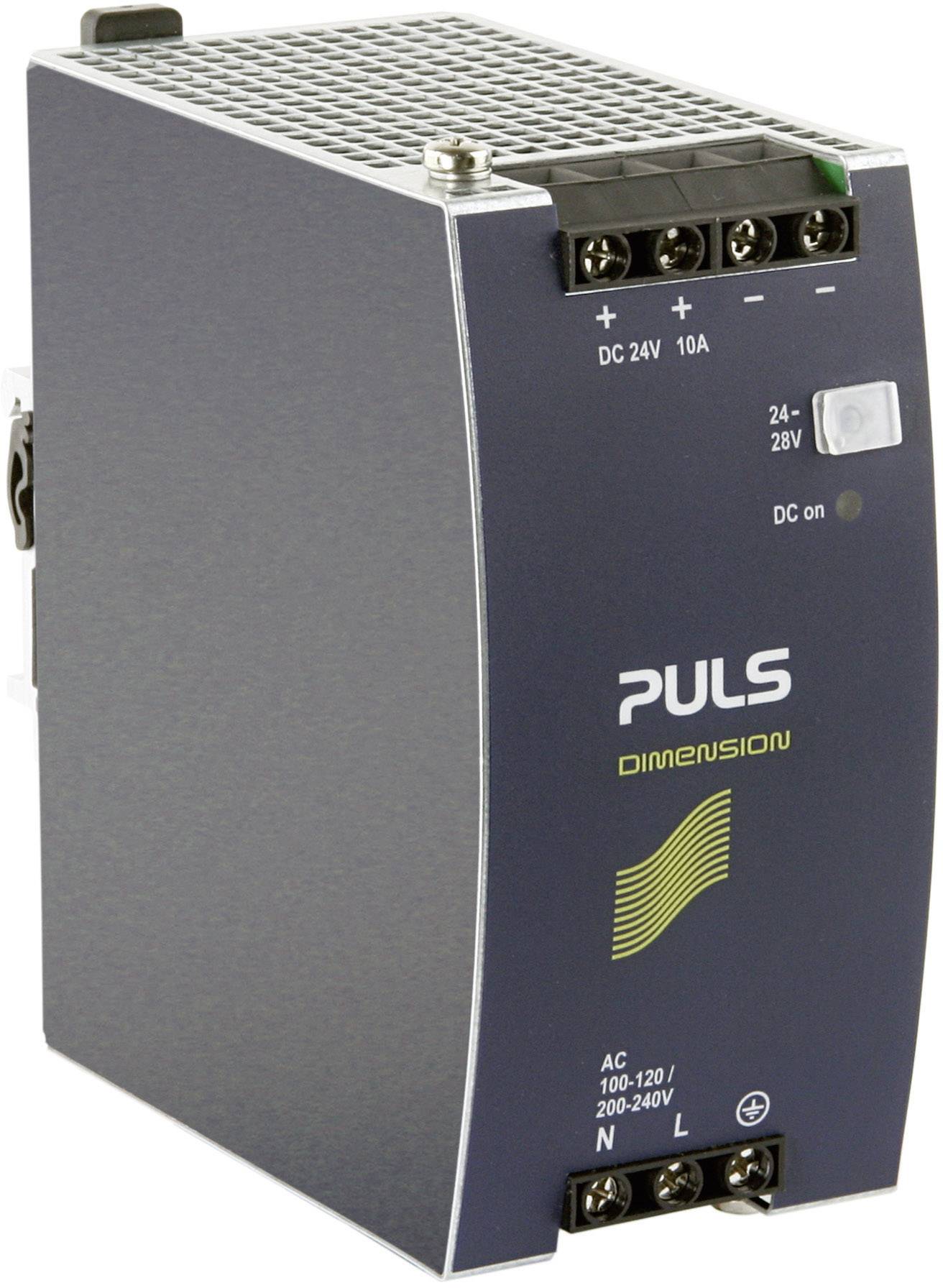 Ein Hutschienen-Schaltnetzteil der Marke Puls Dimension mit 24V DC Ausgang und 10A, geeignet für 100-240V AC Eingangsspannung.